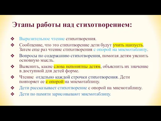 Этапы работы над стихотворением: Выразительное чтение стихотворения. Сообщение, что это