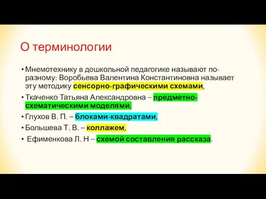 О терминологии Мнемотехнику в дошкольной педагогике называют по-разному: Воробьева Валентина