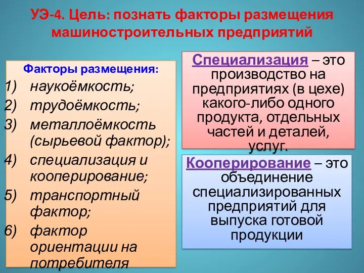 Факторы размещения: наукоёмкость; трудоёмкость; металлоёмкость (сырьевой фактор); специализация и кооперирование;