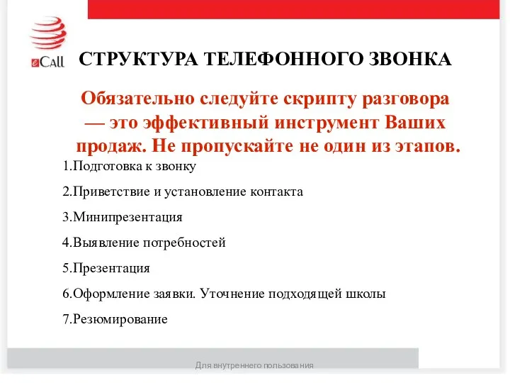 Для внутреннего пользования СТРУКТУРА ТЕЛЕФОННОГО ЗВОНКА Обязательно следуйте скрипту разговора