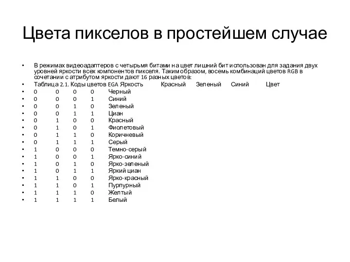 Цвета пикселов в простейшем случае В режимах видеоадаптеров с четырьмя