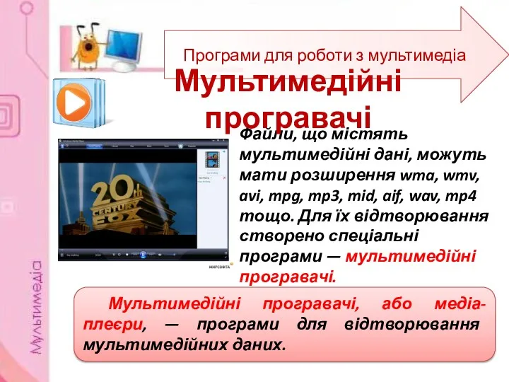 Програми для роботи з мультимедіа Мультимедійні програвачі, або медіа-плеєри, —