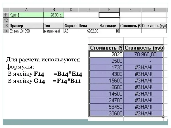 Для расчета используются формулы: В ячейку F14 =В14*E14 В ячейку G14 =F14*B11