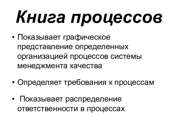 Книга процессов Показывает графическое представление определенных организацией процессов системы менеджмента