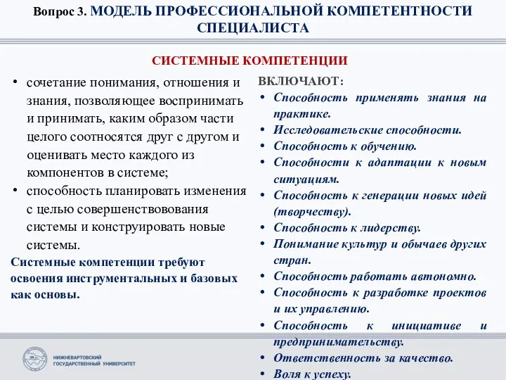 Вопрос 3. МОДЕЛЬ ПРОФЕССИОНАЛЬНОЙ КОМПЕТЕНТНОСТИ СПЕЦИАЛИСТА СИСТЕМНЫЕ КОМПЕТЕНЦИИ сочетание понимания,