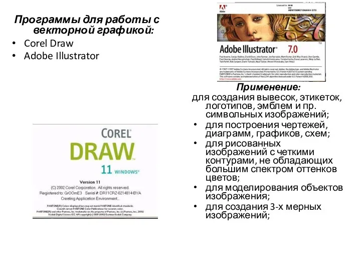 Программы для работы с векторной графикой: Corel Draw Adobe Illustrator Применение: для создания
