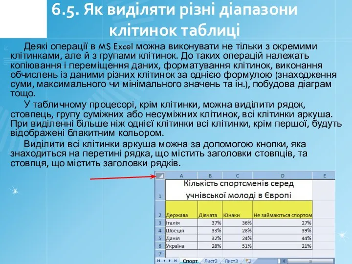 6.5. Як виділяти різні діапазони клітинок таблиці Деякі операції в