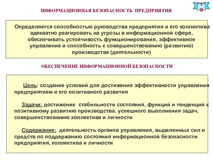 ИНФОРМАЦИОННАЯ БЕЗОПАСНОСТЬ ПРЕДПРИЯТИЯ 19 Цель: создание условий для достижения эффективности