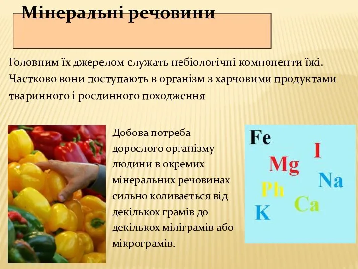 Мінеральні речовини Головним їх джерелом служать небіологічні компоненти їжі. Частково