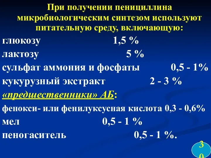 При получении пенициллина микробиологическим синтезом используют питательную среду, включающую: глюкозу