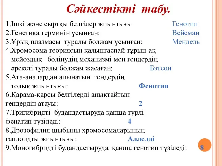 1.Ішкі және сыртқы белгілер жиынтығы Генотип 2.Генетика терминін ұсынған: Вейсман