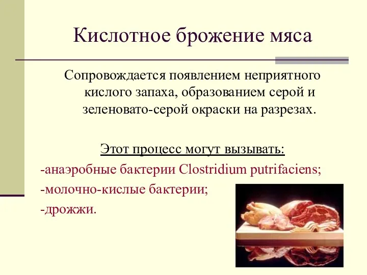 Кислотное брожение мяса Сопровождается появлением неприятного кислого запаха, образованием серой и зеленовато-серой окраски