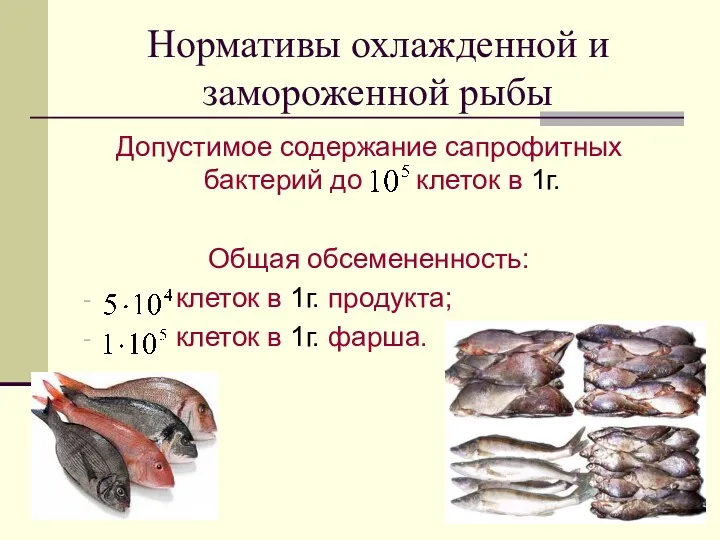 Нормативы охлажденной и замороженной рыбы Допустимое содержание сапрофитных бактерий до клеток в 1г.