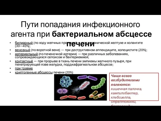 Пути попадания инфекционного агента при бактериальном абсцессе печени билиарный (по