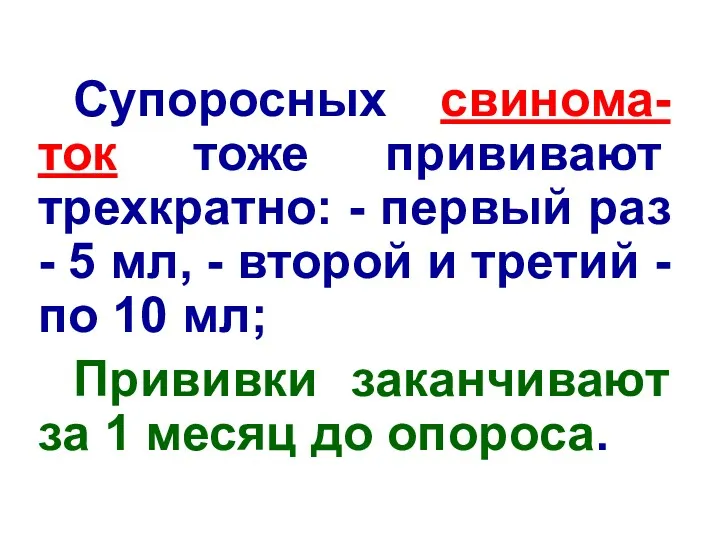 Супоросных свинома-ток тоже прививают трехкратно: - первый раз - 5