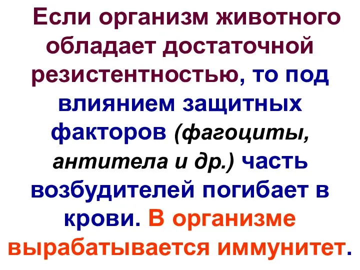 Если организм животного обладает достаточной резистентностью, то под влиянием защитных