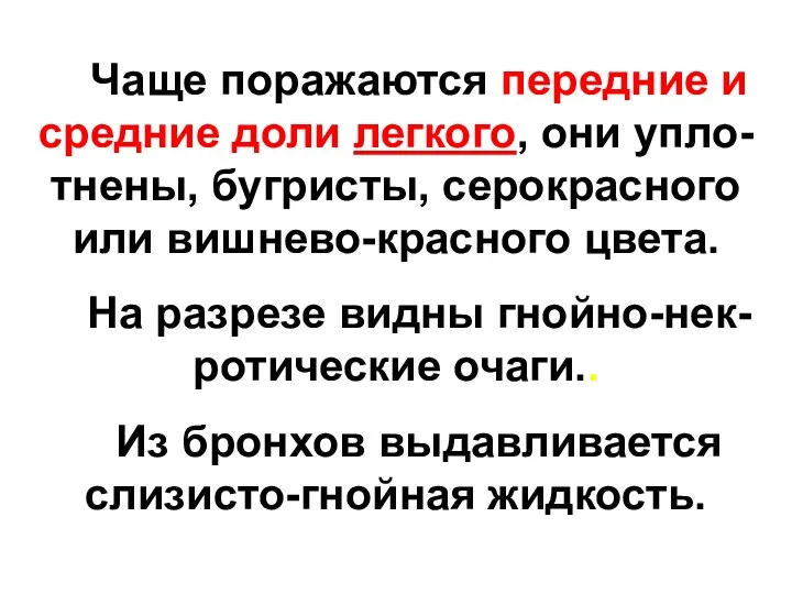 Чаще поражаются передние и средние доли легкого, они упло-тнены, бугристы,