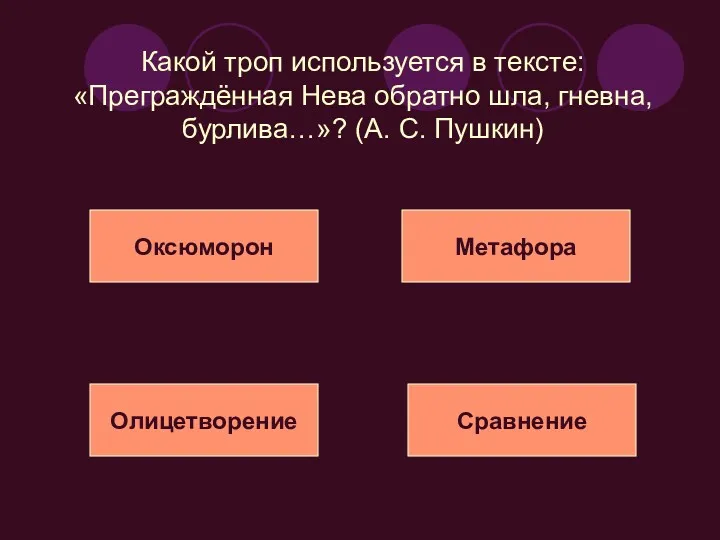 Какой троп используется в тексте: «Преграждённая Нева обратно шла, гневна,