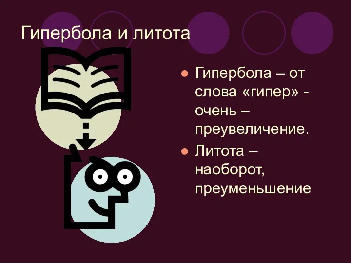 Гипербола и литота Гипербола – от слова «гипер» - очень – преувеличение. Литота – наоборот, преуменьшение