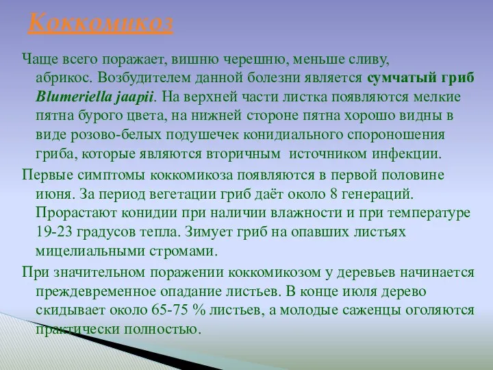 Чаще всего поражает, вишню черешню, меньше сливу, абрикос. Возбудителем данной