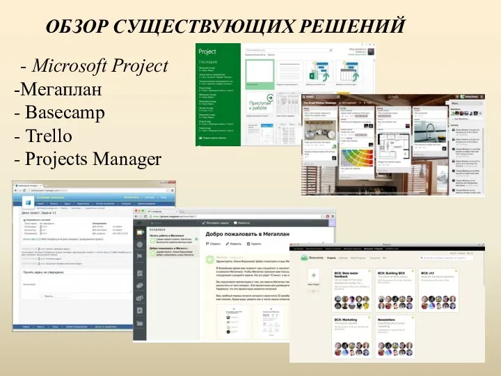ОБЗОР СУЩЕСТВУЮЩИХ РЕШЕНИЙ - Microsoft Project Мегаплан Basecamp Trello Projects Manager