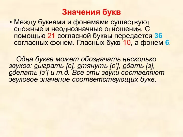 Значения букв Между буквами и фонемами существуют сложные и неоднозначные