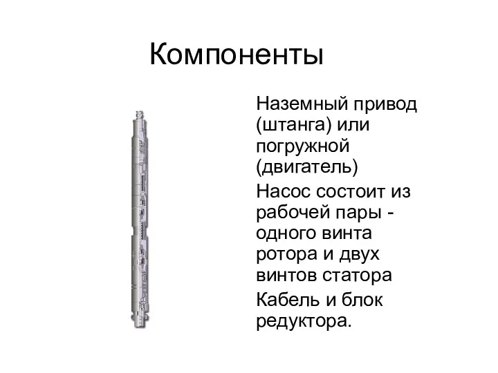 Компоненты Наземный привод (штанга) или погружной (двигатель) Насос состоит из