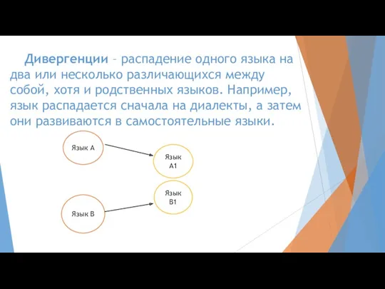 Дивергенции – распадение одного языка на два или несколько различающихся