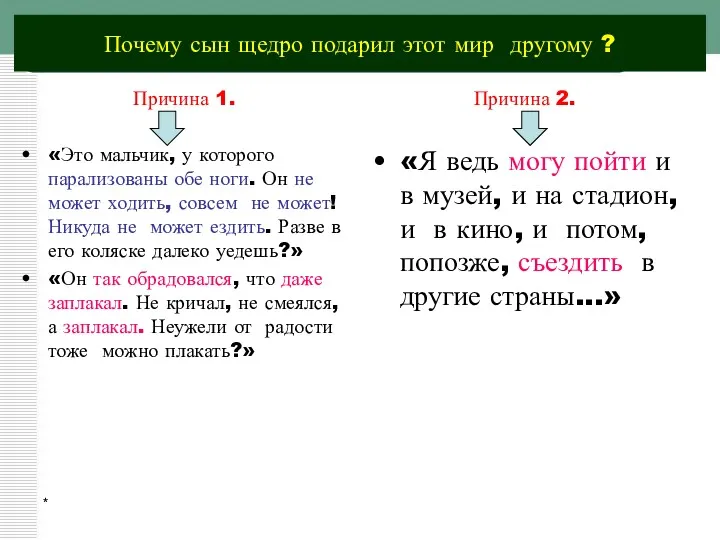 * Почему сын щедро подарил этот мир другому ? Причина