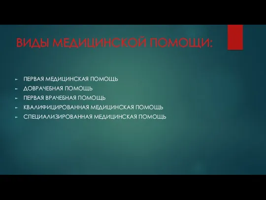 ВИДЫ МЕДИЦИНСКОЙ ПОМОЩИ: ПЕРВАЯ МЕДИЦИНСКАЯ ПОМОЩЬ ДОВРАЧЕБНАЯ ПОМОЩЬ ПЕРВАЯ ВРАЧЕБНАЯ