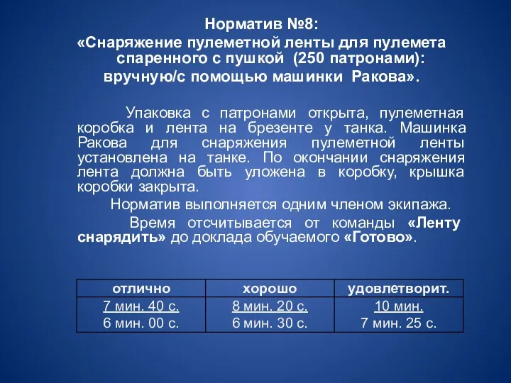 Норматив №8: «Снаряжение пулеметной ленты для пулемета спаренного с пушкой