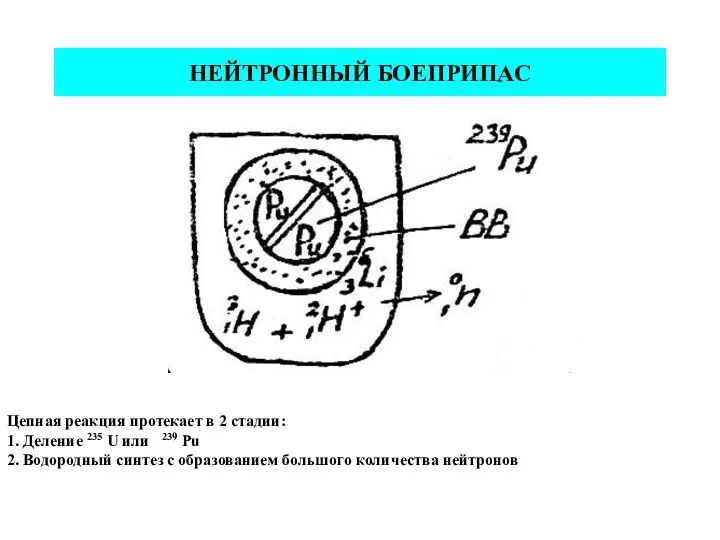 НЕЙТРОННЫЙ БОЕПРИПАС Цепная реакция протекает в 2 стадии: 1. Деление