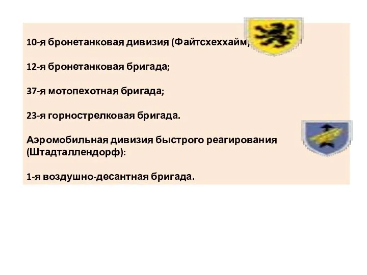 10-я бронетанковая дивизия (Файтсхеххайм): 12-я бронетанковая бригада; 37-я мотопехотная бригада;