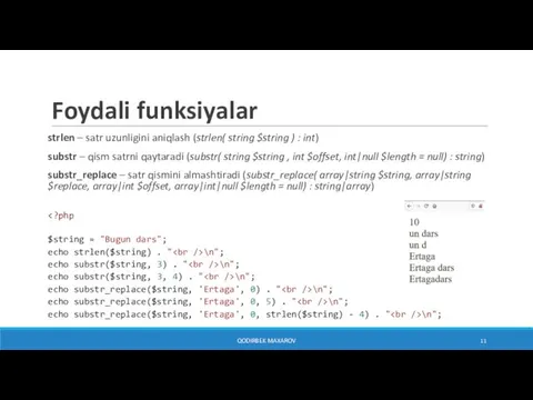 Foydali funksiyalar strlen – satr uzunligini aniqlash (strlen( string $string