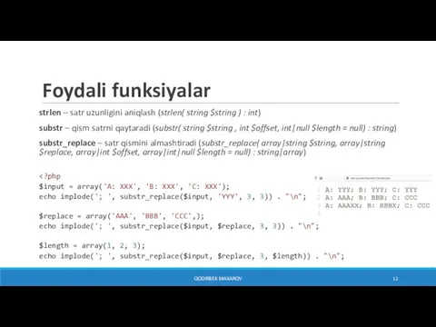 Foydali funksiyalar strlen – satr uzunligini aniqlash (strlen( string $string