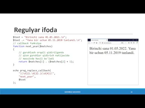 Regulyar ifoda $text = "Birinchi sana 01.05.2021.\n"; $text .= "Yana