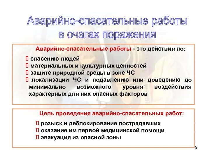 Аварийно-спасательные работы в очагах поражения Аварийно-спасательные работы - это действия