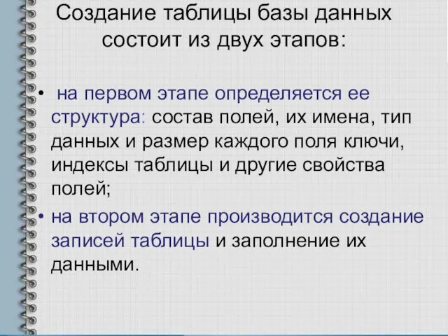 Создание таблицы базы данных состоит из двух этапов: на первом