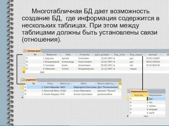 Многотабличная БД дает возможность создание БД, где информация содержится в