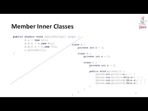 Member Inner Classes class A { private int x =