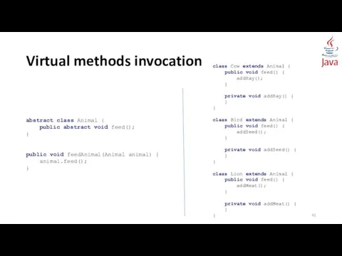 Virtual methods invocation abstract class Animal { public abstract void