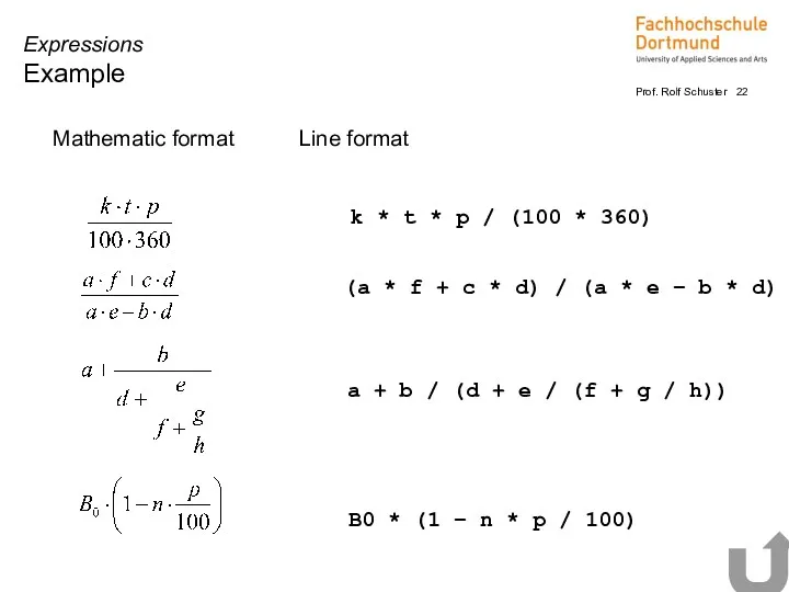 Mathematic format Line format Expressions Example