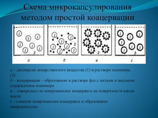 Схема микрокапсулирования методом простой коацервации а – дисперсия лекарственного вещества