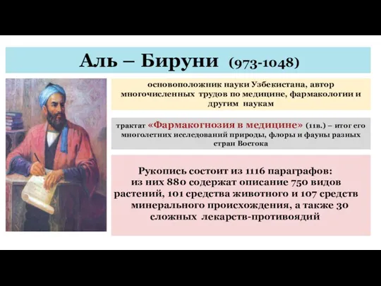 Аль – Бируни (973-1048) основоположник науки Узбекистана, автор многочисленных трудов