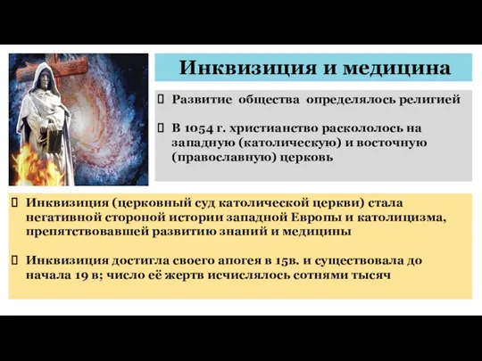 Инквизиция и медицина Развитие общества определялось религией В 1054 г.