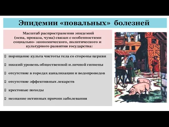 Эпидемии «повальных» болезней Масштаб распространения эпидемий (оспа, проказа, чума) связан