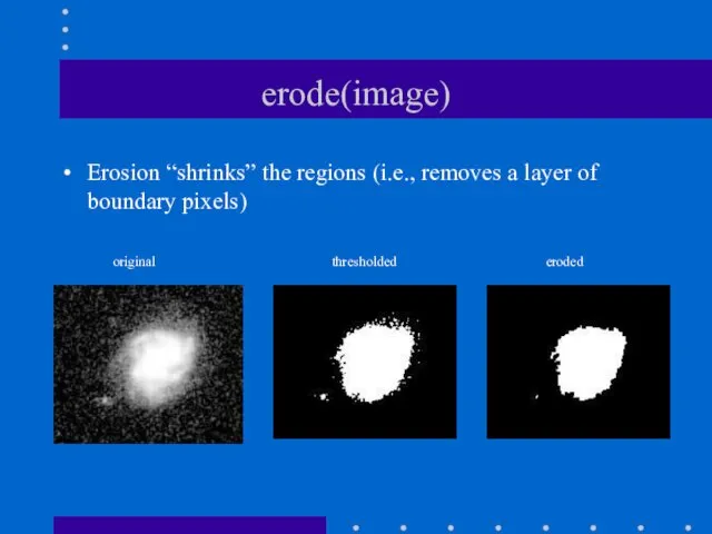 erode(image) Erosion “shrinks” the regions (i.e., removes a layer of boundary pixels) original thresholded eroded