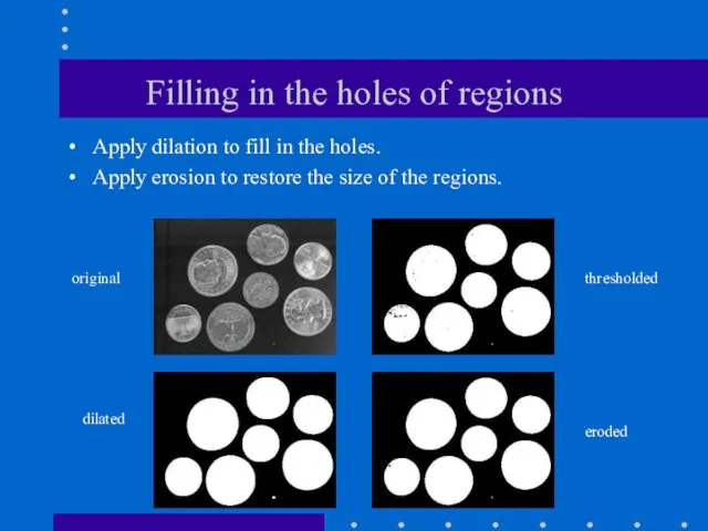 Filling in the holes of regions Apply dilation to fill