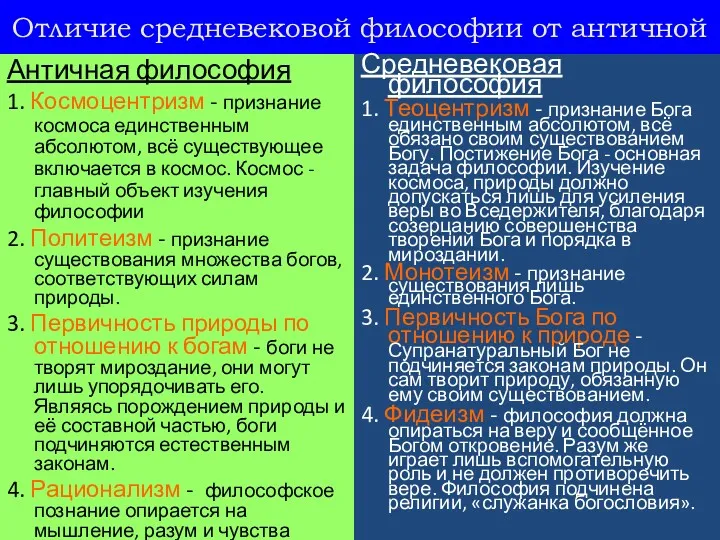 Отличие средневековой философии от античной Античная философия 1. Космоцентризм -