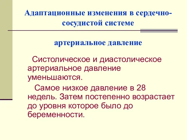 Адаптационные изменения в сердечно-сосудистой системе артериальное давление Систолическое и диастолическое